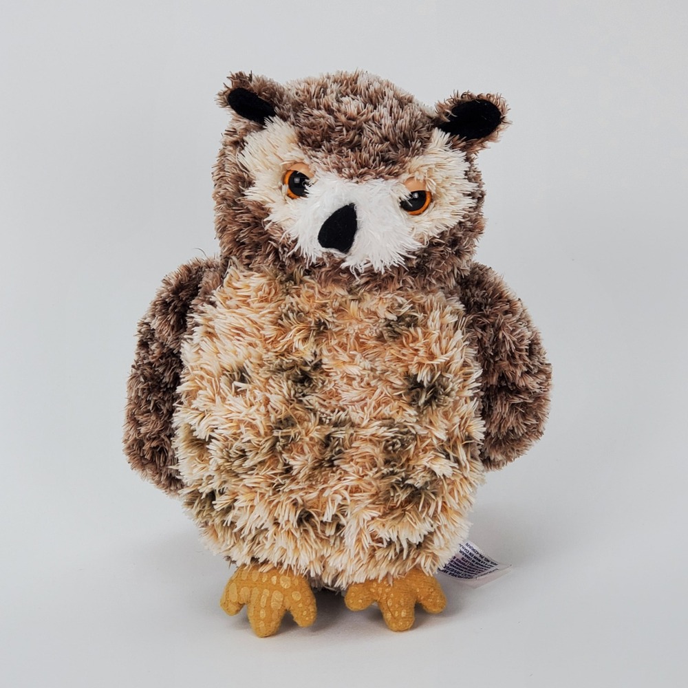 Aurora World Great Horned Owl Plush Brown Cream Shaggy Bird Stuffed Animal‎ 8 in